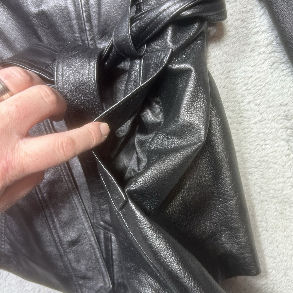 Vintage Passports Jacket Womens L Black Leather Biker Motorcycle Belted Mid Leng - Picture 7 of 11